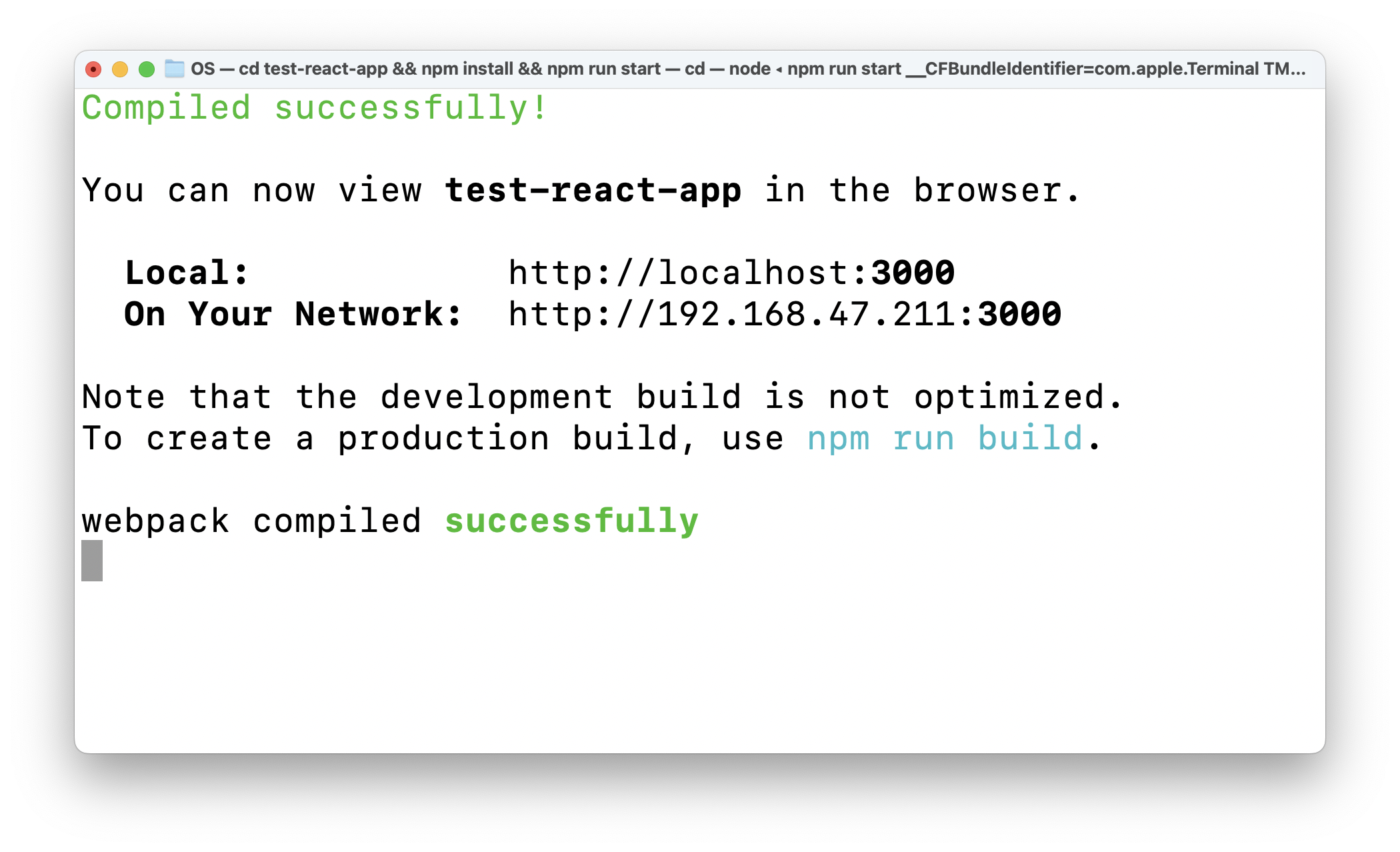 Starting the test React application.