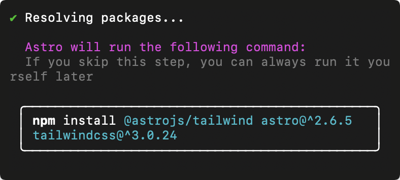 Installing the Astro Tailwind integration.