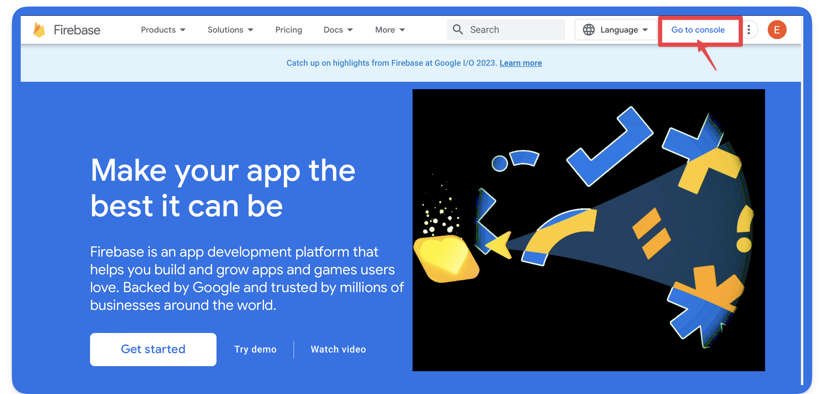 The Firebase homepage