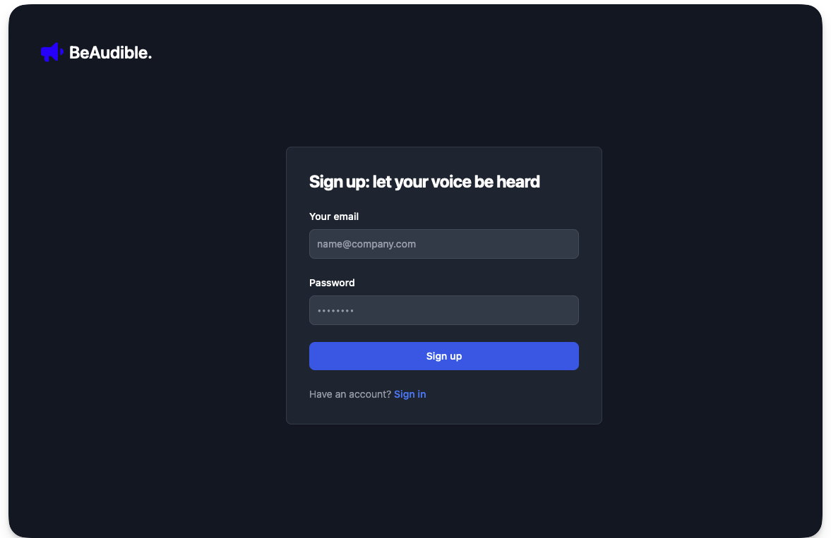 The sign up page